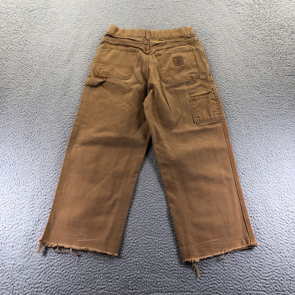 Carhartt Pants Boys 12 Beige Duck Canvas Carpenter Distressed Raw Hem Skater
